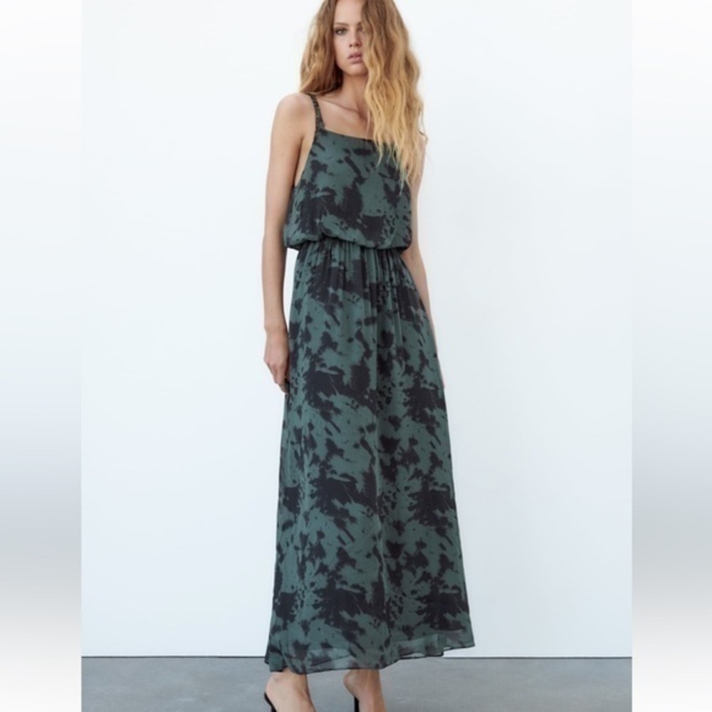 Zara NWT printed midi dress blue green
